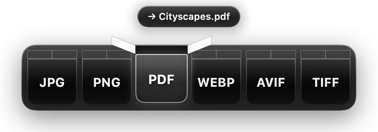 The Isomer bar offering JPG, PNG, PDF, WebP, AVIF and TIFF
